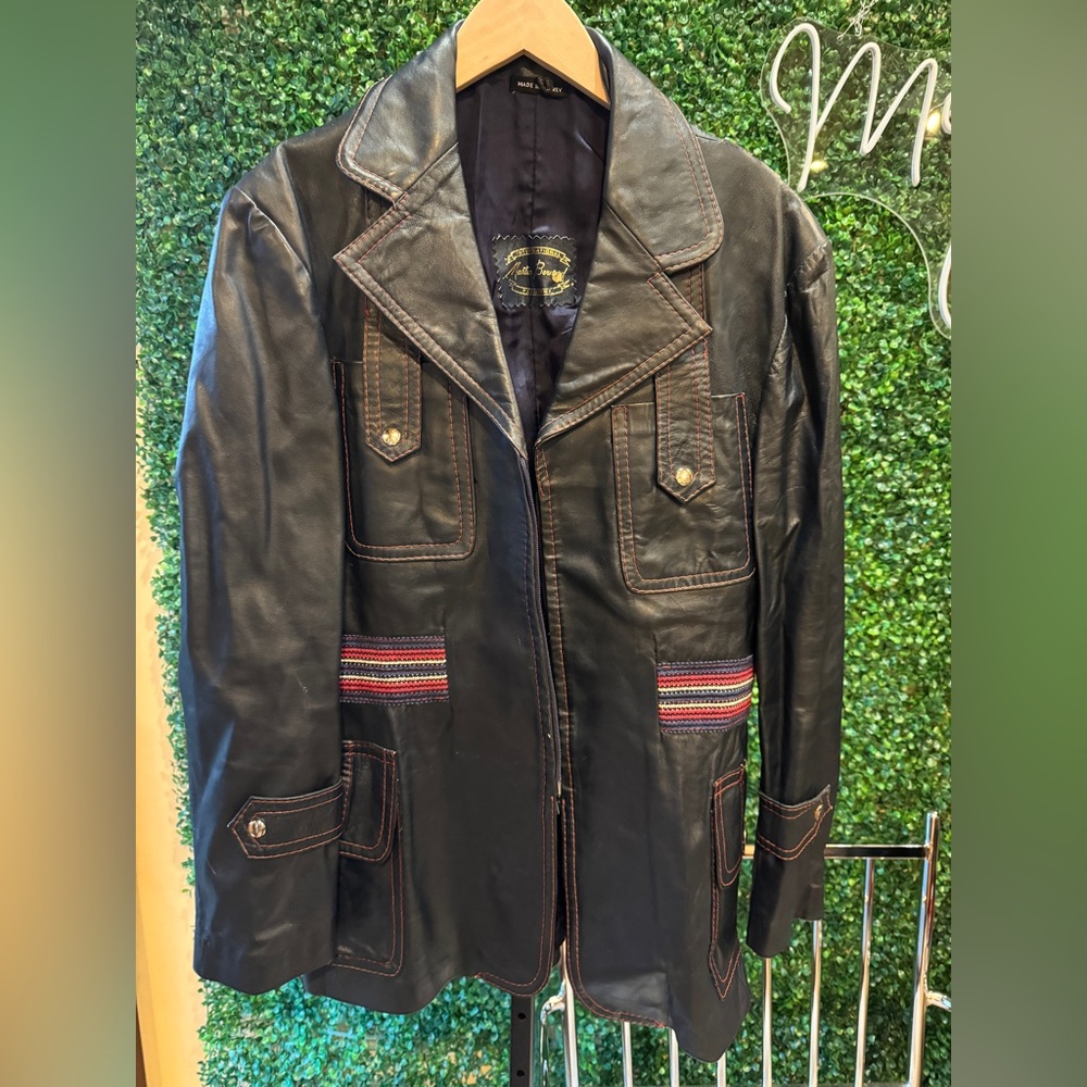 Vintage Martin, Bernard men’s navy leather coat with red stitching